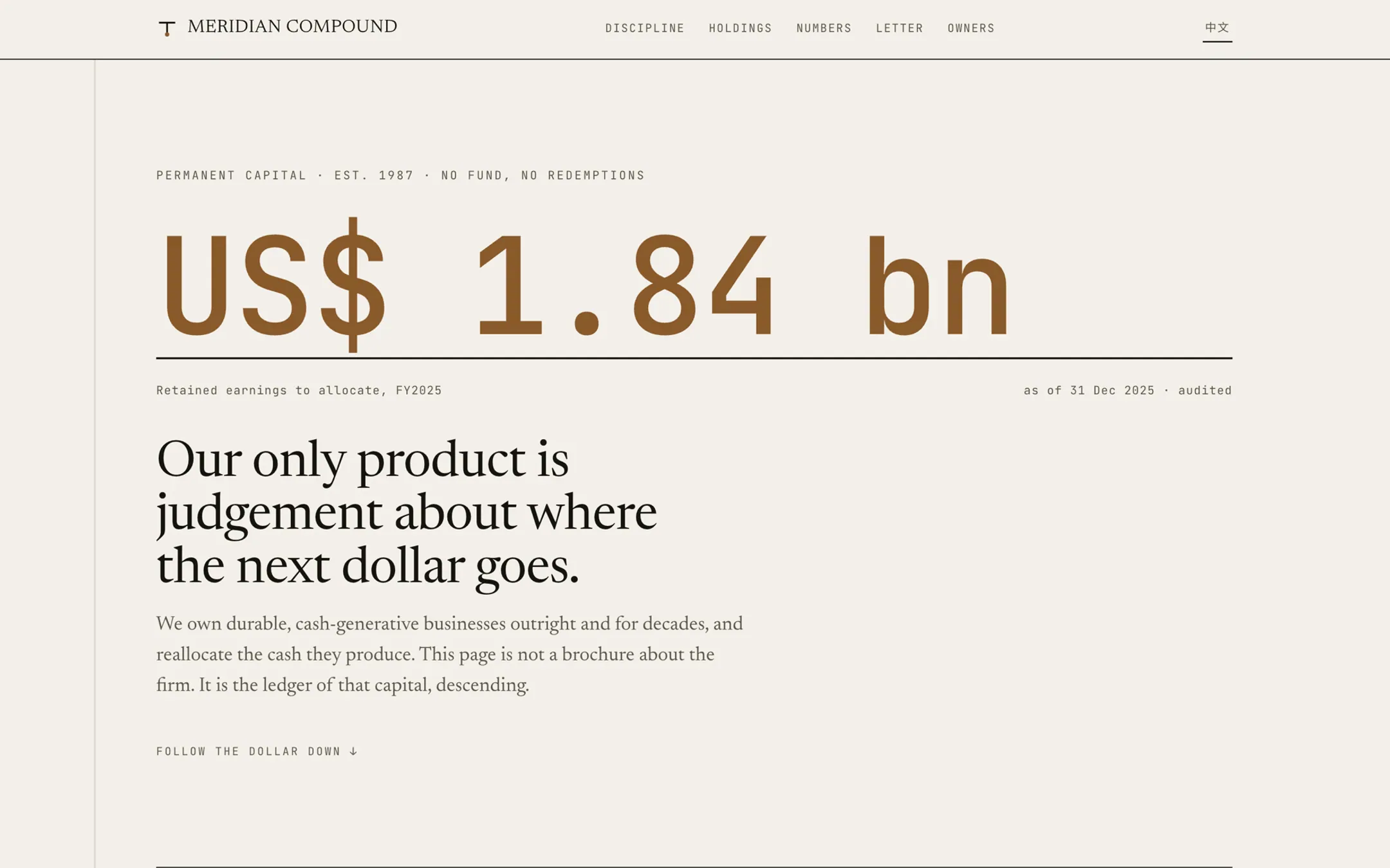 子午複利首頁：暖紙上巨大的襯線數字「US$ 1.81 bn」與一句致股東文字。 The Meridian Compound hero — a large serif figure 'US$ 1.81 bn' on warm paper with a letter-to-owners line.